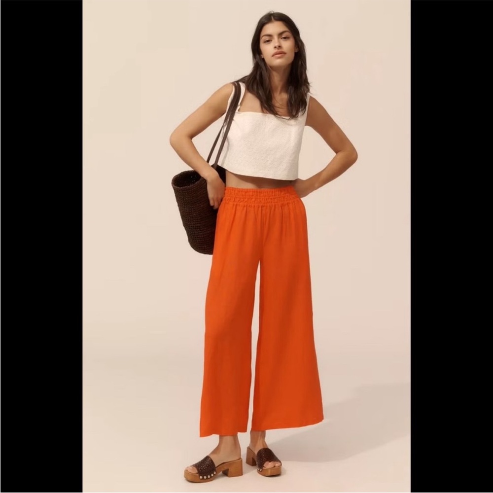 Anthropologie Wide-Leg Cropped Linen Pants in Bright Orange
